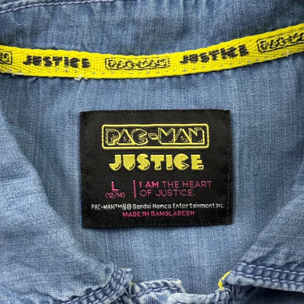 Justice Pac-Man Denim Shirt Girls Large 12/14 Embroidered Raw Hem Gamer Chambray